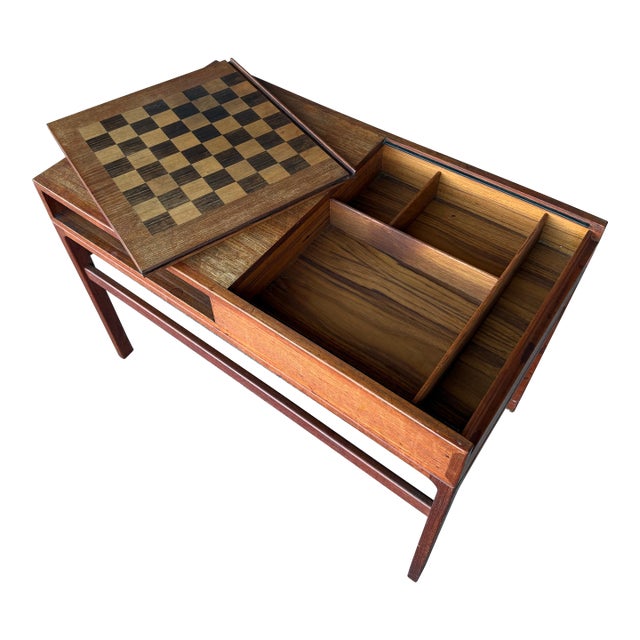 Mid Century Danish Modern Coffee Table Game Chess Solid Teak Shelf Kurt Ostervig For Sale