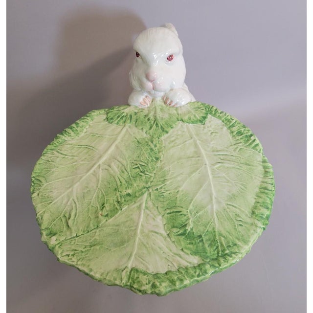 Ceramic Italian Porcelain Rabbit Sculptural Accent Table Stand With Lettuce Cabbage Leaf Top, C. 1970s For Sale - Image 7 of 16