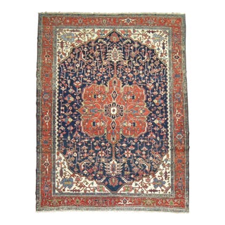 Traditional Antique Persian Square Navy Geometric Heriz Rug For Sale