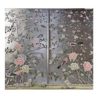 Chinoiserie Hand Painted Wallpaper Mural Artwork on Silver Metallic Leaf - Set of 2 For Sale