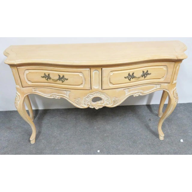 Louis XV console table. Maple with white distressed finish 2 drawers, parquetry inlaid top