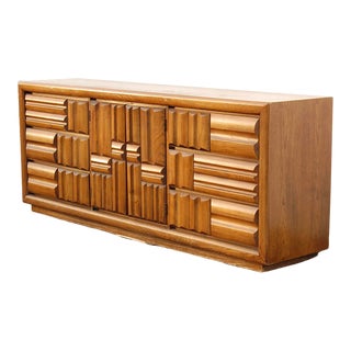 1970s Brutalist Mosaic Woodblock Dresser For Sale