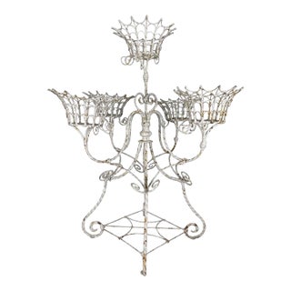 Vintage Wrought Iron Plant Stand, Distressed White, Rustic 1930s For Sale