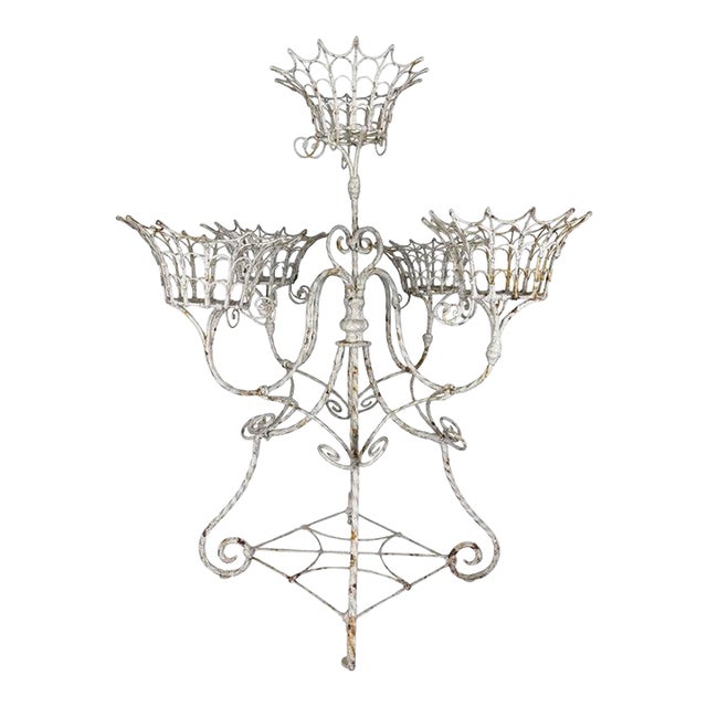 Vintage Wrought Iron Plant Stand, Distressed White, Rustic 1930s For Sale