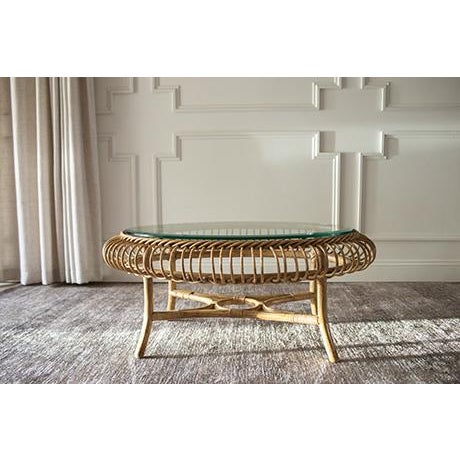 Vintage Coastal Boho Round Rattan and Glass Coffee Table For Sale In Minneapolis - Image 6 of 10
