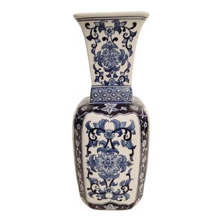 Large Blue and White Tall Chinoiserie Ceramic Vase Vessel For Sale