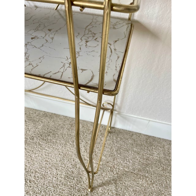 Metal Hollywood Regency Mid Century Pearl-Wick Brass Bathroom Toiletry Stand With Marbleized Shelving For Sale - Image 7 of 13