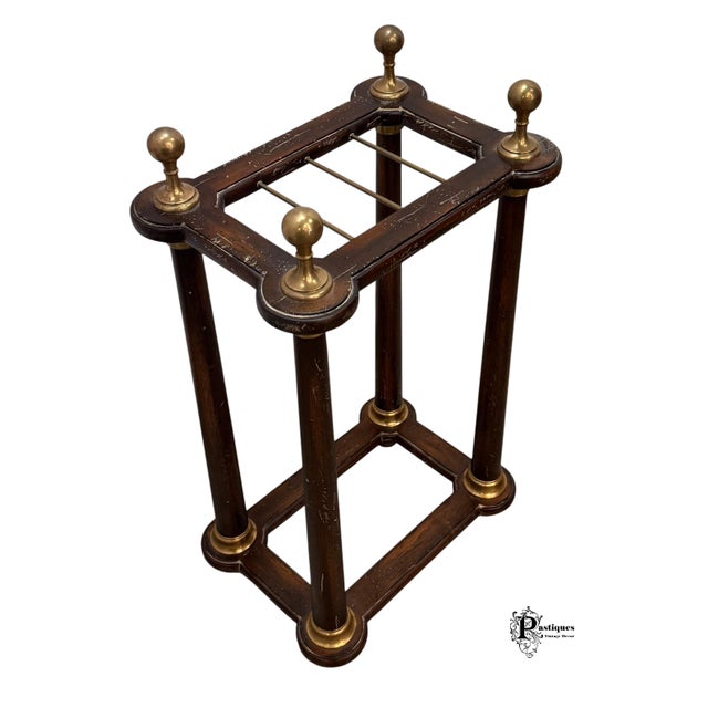 Brown Vintage Edwardian Style Distressed Wood & Brass Umbrella Stand For Sale - Image 8 of 9