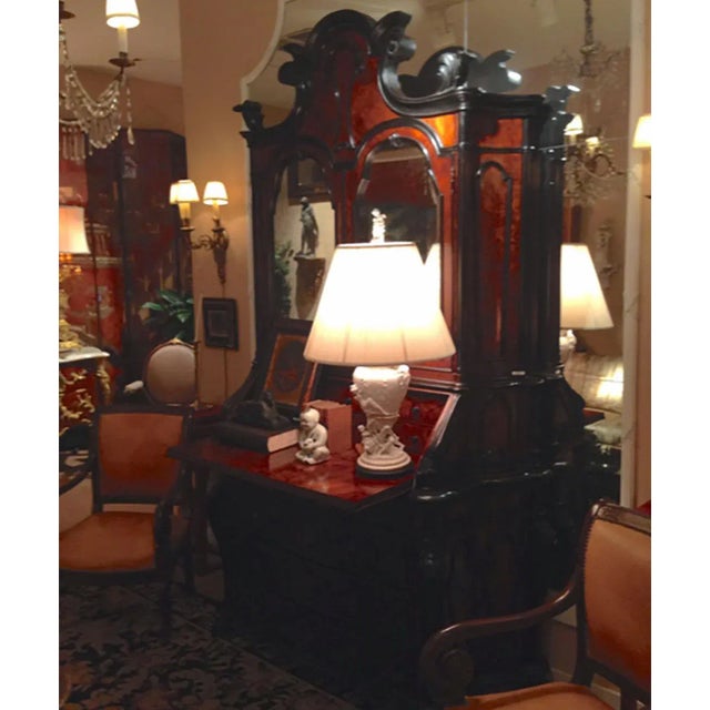 Ebonized and burl walnut 18th century style secretary with panel doors that are mirrored inside and out so can display...