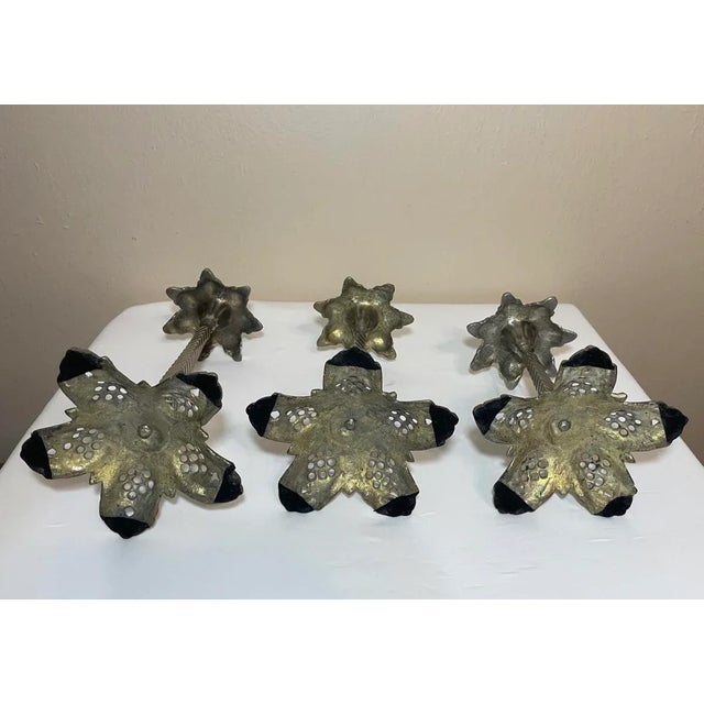 Set of 3 Vintage Nickel Metal Palm Tree Candlesticks Reticulated Bases For Sale - Image 11 of 12