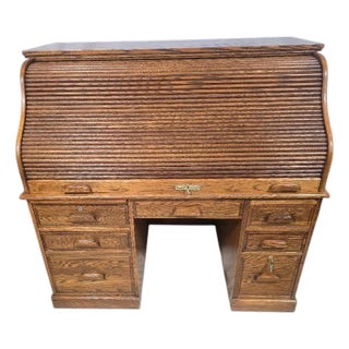 Late 20th Century Winners Only Solid Oak Roll Top Executive Desk With Keys For Sale