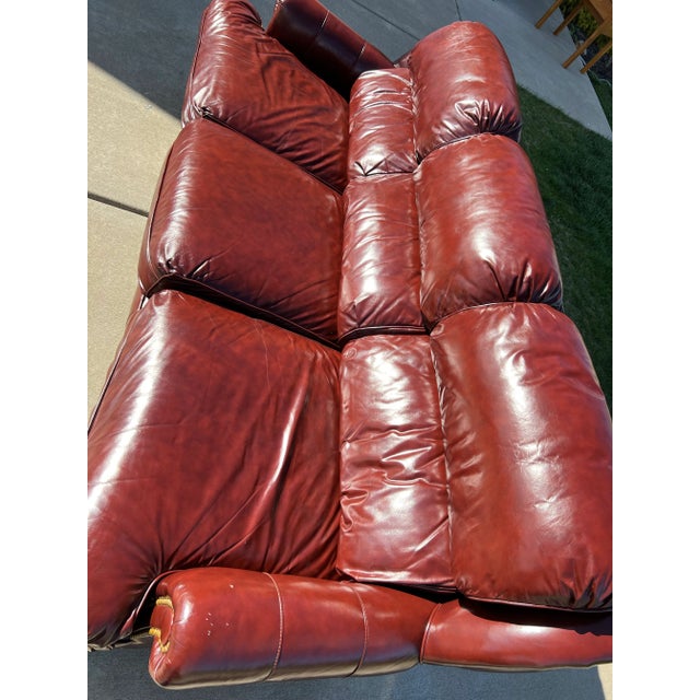 Traditional Late 20th Century Quality Hancock & Moore Austin 3 Cushion Red Leather Sofa With Brass Nailhead Trim and Round Wooden Bun Feet For Sale - Image 3 of 12