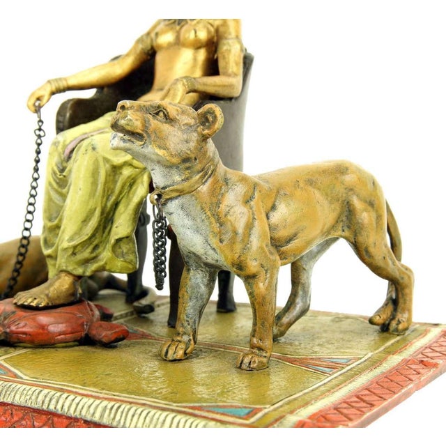 Orientalist Polychrome Bronze Pharaoh Sculpture with Lionesses For Sale - Image 6 of 13