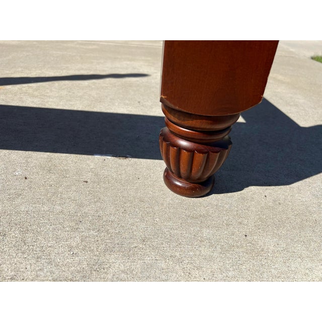 Late 20th Century Vintage Carved Solid Mahogany Queen Size 4 Poster Bed With Arched Shell Headboard and Ebony and Gilt Shell Post Details For Sale - Image 10 of 12
