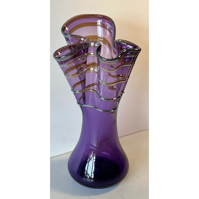 Signed Art Glass Amethyst Handkerchief Vase With Swirled Lines For Sale In New York - Image 6 of 12
