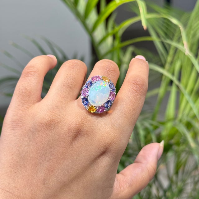 Art Deco 9.01ct Ethiopian Fire Opal, Multi-Sapphire and Diamond Antique 18k White Gold Ring Size 4 For Sale - Image 3 of 18