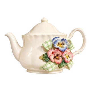 Vintage Kaldun & Bogle Hand-Painted Floral Teapot With 3d Pansies For Sale
