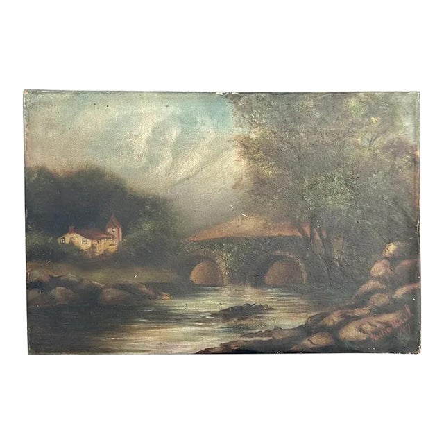 Antique Folk Art Oil Painting Scenic Church Bridge Setting, artist signed & dated For Sale