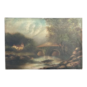 Antique Folk Art Oil Painting Scenic Church Bridge Setting, artist signed & dated