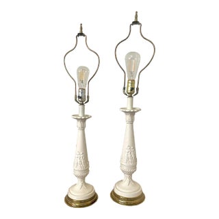 Vintage Neoclassical Revival Porcelain, Ceramic & Brass White Table Lamps, a Pair For Sale