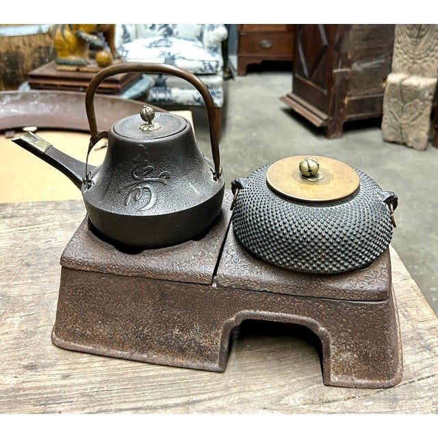 Japanese Late 19th Century Antique Japanese Cast Iron Tea Pots on Cast Iron Hibachi Stand For Sale - Image 3 of 12