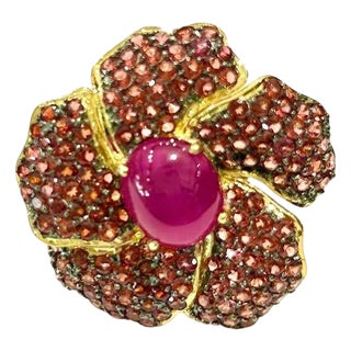 Bochic "Orient" Natural Ruby & Garant Cocktail Ring Set 18K Gold &Silver For Sale