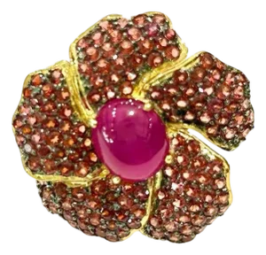 Bochic "Orient" Natural Ruby & Garant Cocktail Ring Set 18K Gold &Silver