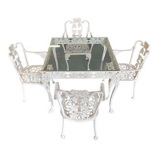 1950s Mid-Century Cast Iron Glass Top Dining Table With 4 Chairs Victorian Grape Pattern by Atlanta Stove Works, Attributed For Sale