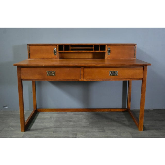 Arts & Crafts Crafters and Weavers Mission Style Oak Library Table With Hutch - Michael's Cherry For Sale - Image 3 of 3