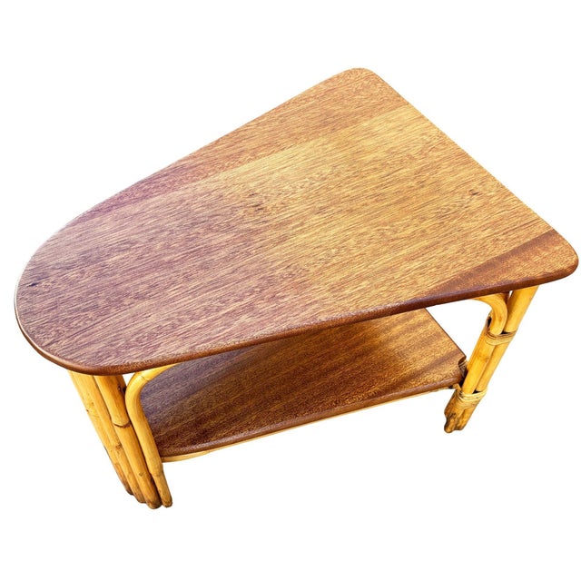 Mid-Century Modern Restored Mid-Century Modern Rattan & Mahogany 7-Strand Vertically Stacked Rattan Wedge Table For Sale - Image 3 of 4
