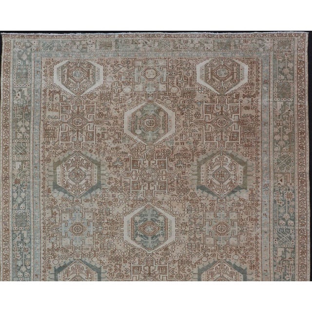 Vintage Persian Heriz Rug With All-Over Medallion Design in Tan and Blues 9'4 X 12'10 For Sale - Image 9 of 14