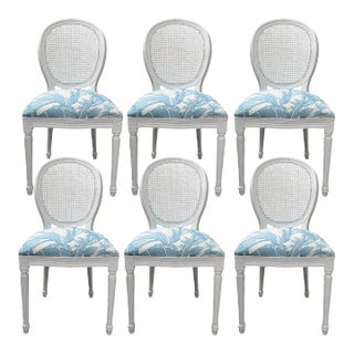 6 Caned Back Dining Chairs in Meg Braff For Sale
