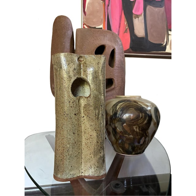 Mid-Century Modern Signed Mid-Century Modern Tall Stoneware Speckle Vase: 1970s Abstract Ceramic Art For Sale - Image 3 of 10