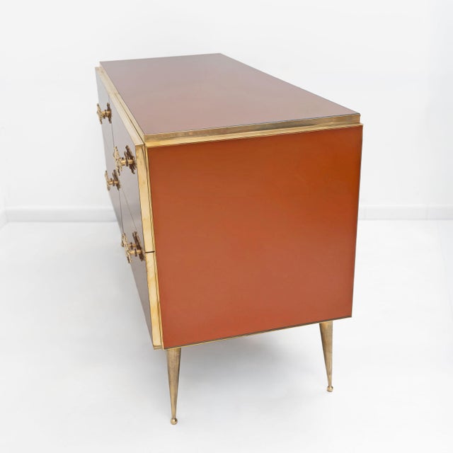 Mid-Century Modern Style Amber Mirrored Chest of Drawers with Brass Details, 2000 For Sale - Image 4 of 7