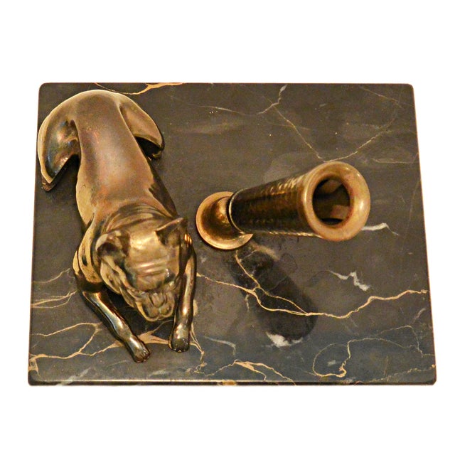 Metal Vintage Solid Brass French Bulldog Pen Stand on Italian Portoro Gold Marble Base For Sale - Image 7 of 8
