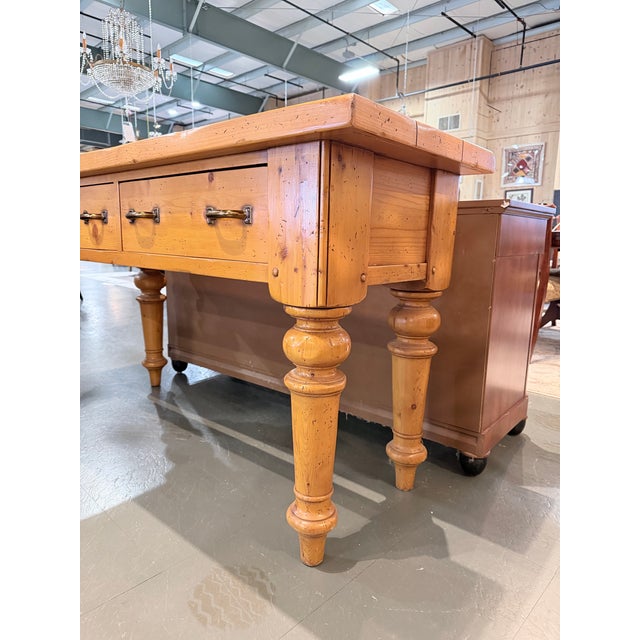 Late 20th Century Country English Farmhouse Pine Console Table With Turned Legs and Brass Hardware For Sale - Image 9 of 11