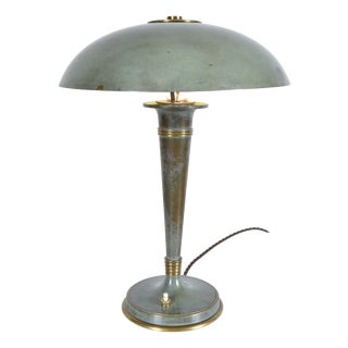French Art Deco Verdigris Green Brass Mushroom Desk Light, 1930s For Sale