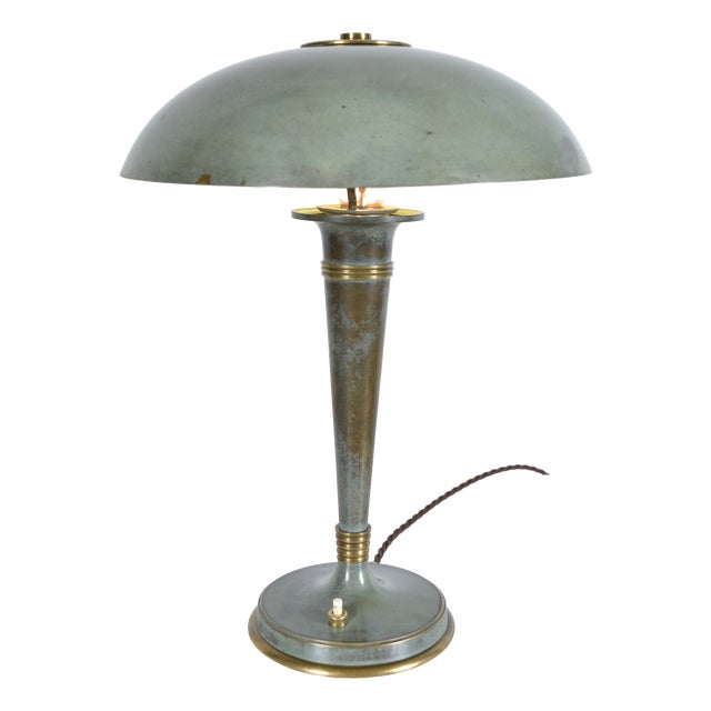 French Art Deco Verdigris Green Brass Mushroom Desk Light, 1930s For Sale