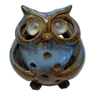 Mid-Century Studio Pottery Owl Candle Holder in Mottled Blue Glaze Luminary Decor For Sale