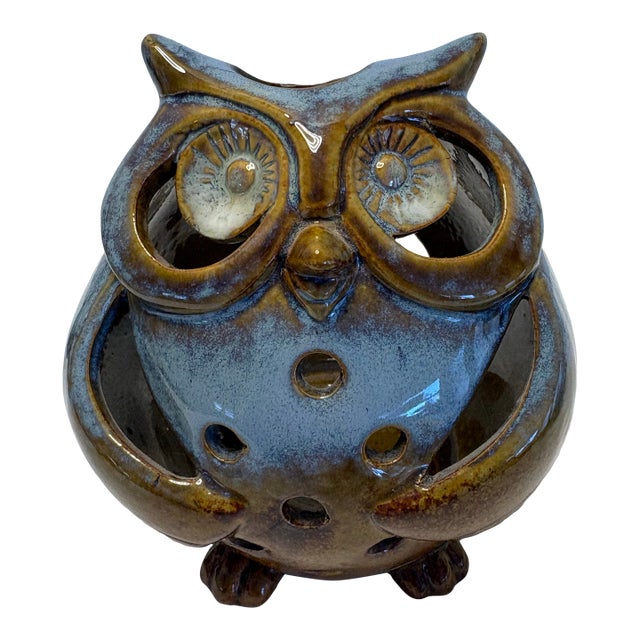 Mid-Century Studio Pottery Owl Candle Holder in Mottled Blue Glaze Luminary Decor For Sale