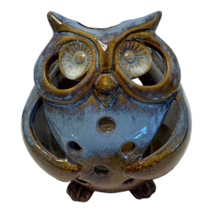 Mid-Century Studio Pottery Owl Candle Holder in Mottled Blue Glaze Luminary Decor