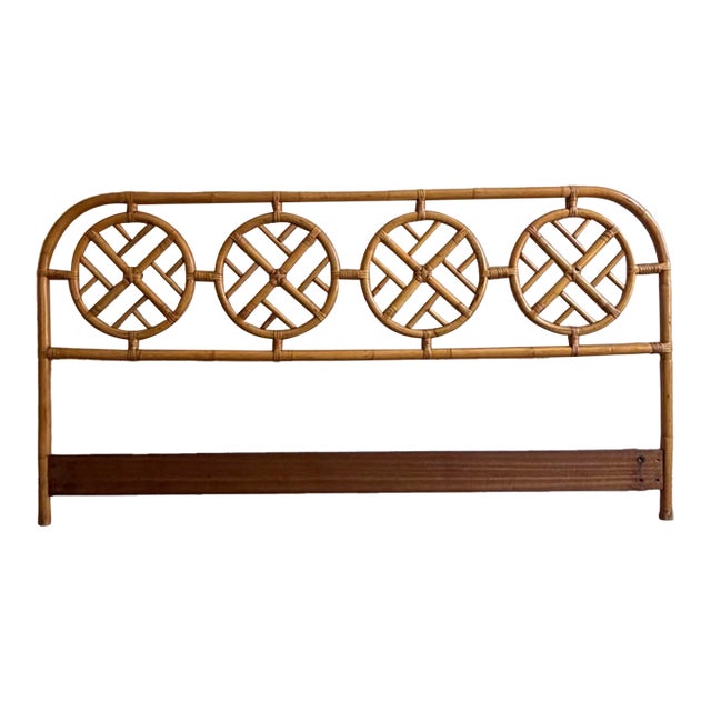 Vintage Bamboo & Rattan Chippendale Fretwork Four Medallion King Headboard For Sale