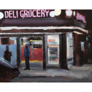 Manhattan by John Wentz | Oil Painting of a grocery store at night with figures outside For Sale