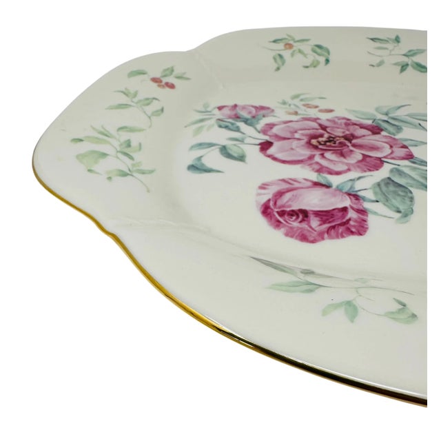 2000 - 2009 Lenox Morningside Cottage Round Platter | Ivory Bone China Chop Plate With Gold Trim | Pink Floral, Butterfly & Dragonfly Design For Sale - Image 5 of 9