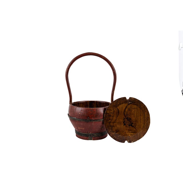Antique Dark Wooden Chinese Wedding Basket in Red Lacquer With Floral Painted Lid and bend wood rounded handle....