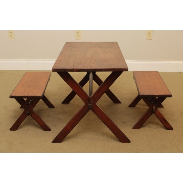 Rustic Antique Youth Size Oak Sawbuck Dining Farm Table with Benches For Sale - Image 3 of 13