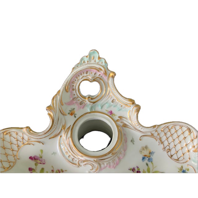 White Antique Dresden Porcelain Inkwell & Pen Tray Handpainted For Sale - Image 8 of 12