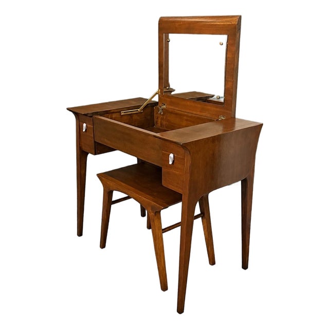 Mid-Century Drexel Profile Walnut Vanity and Matching Stool by John Van Koert Cir. 1960 For Sale