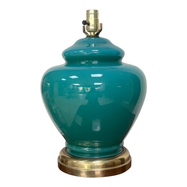 Vintage Teal & Brass Glass Lamp For Sale