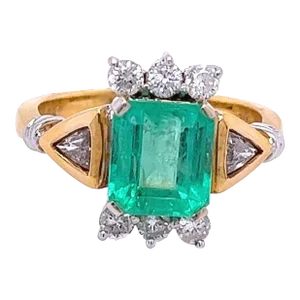 Vintage 2.77 carat Colombian Emerald and Trillion Cut Diamonds in 18k Gold Ring, Size 7.5
